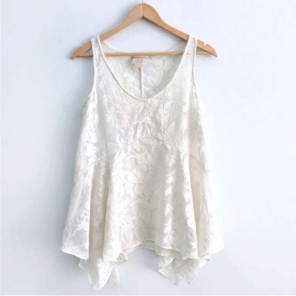 Anthropologie Cream Asymmetrical Relaxed Lace Floral Tank Top